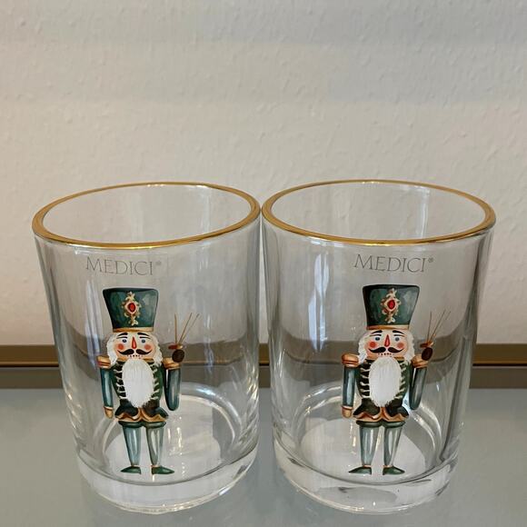 Medici Christmas Nutcracker Glass Tumblers 11oz Set of 2 Holiday Green Gold New - Picture 2 of 15